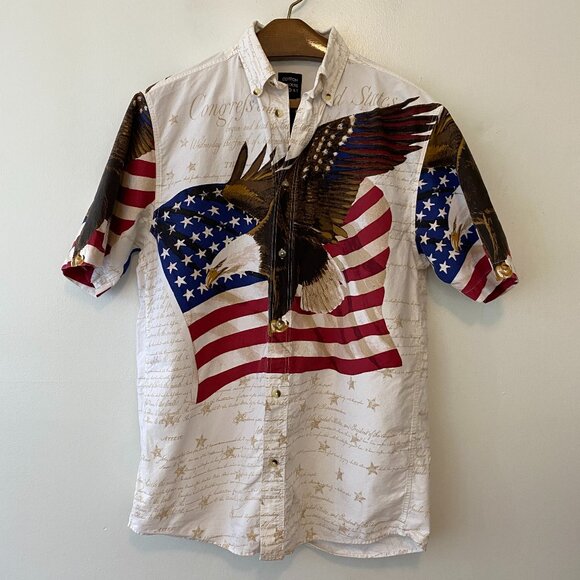 Cotton Traders Sport Short Sleeve Button Shirt Mens Medium American Flag Eagle - Picture 1 of 5